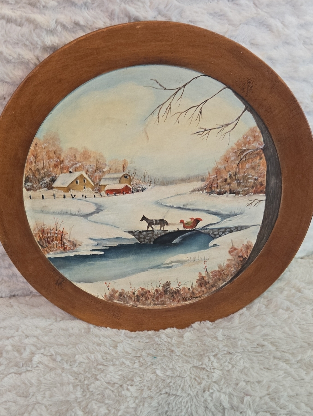 Hand-Painted Winter Landscape Round Wall Plaque Painted By My Grandma